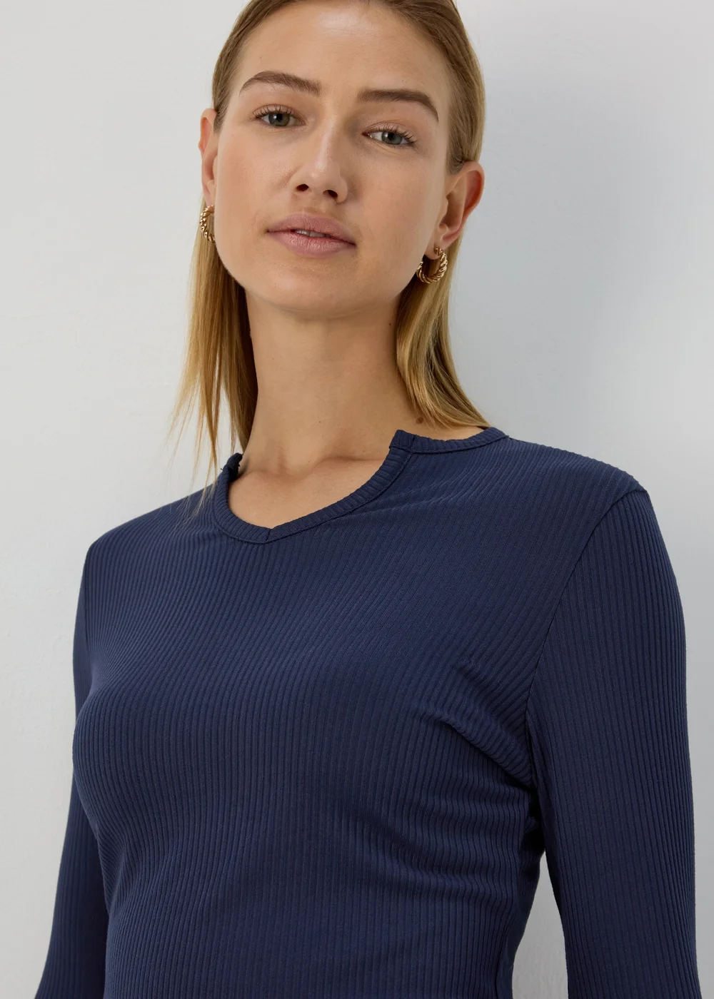 Navy Rib Notch Neck Long Sleeve Top - 8 Image 3