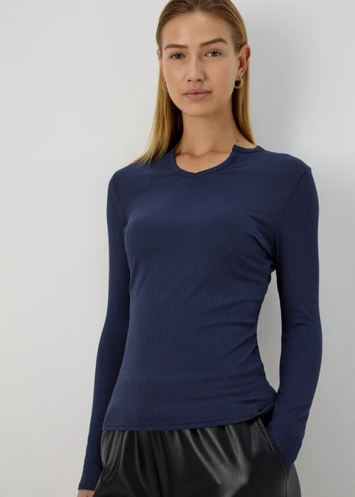 Navy Rib Notch Neck Long Sleeve Top - 8 Image 1