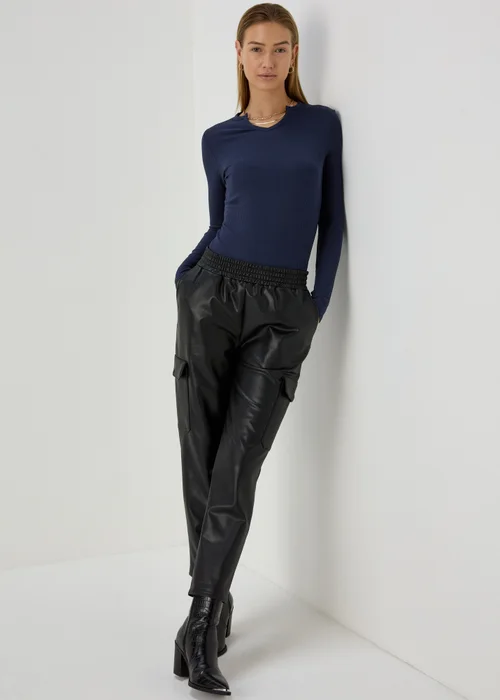 Navy Rib Notch Neck Long Sleeve Top - 8 Image 4