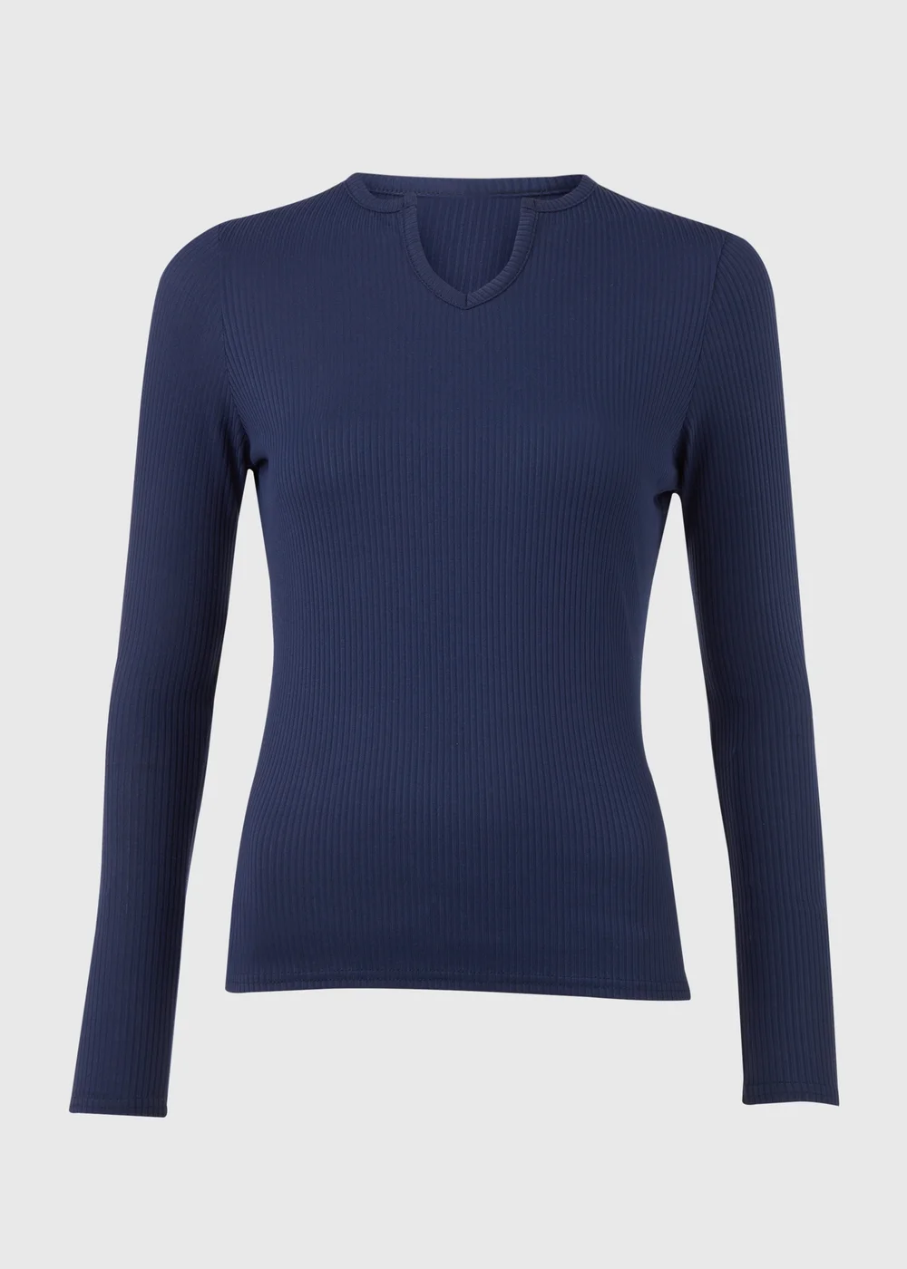 Navy Rib Notch Neck Long Sleeve Top - 8 Image 5