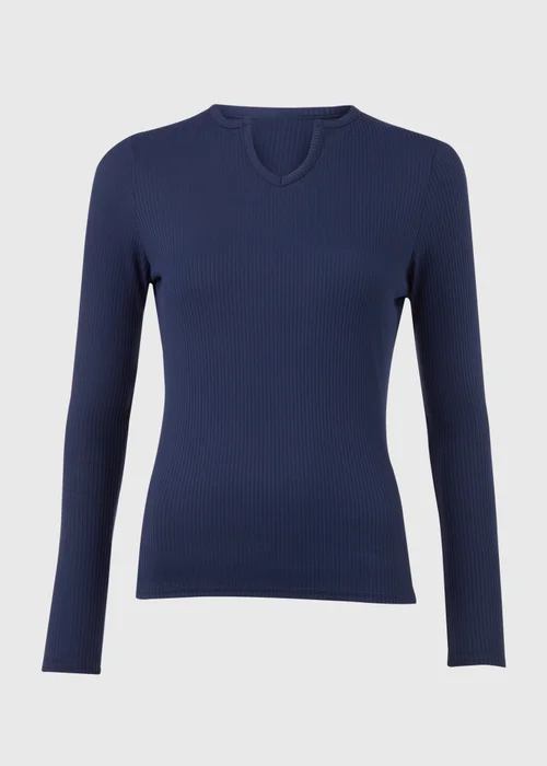 Navy Rib Notch Neck Long Sleeve Top - 8 Image 5