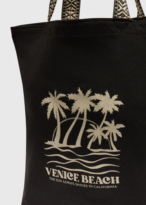 Black Printed Canvas Beach Bag - One Size Image 4