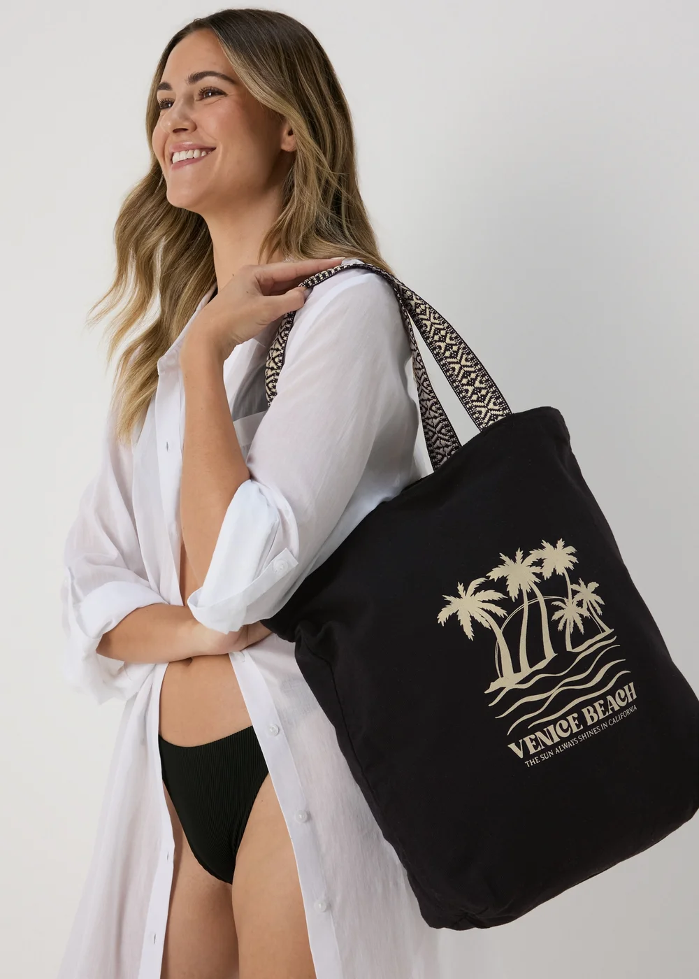 Black Printed Canvas Beach Bag - One Size Image 1
