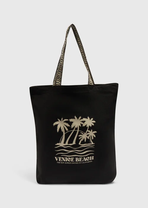 Black Printed Canvas Beach Bag - One Size Image 3