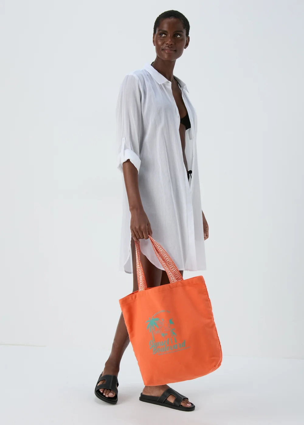 Orange Printed Canvas Beach Bag - One Size Image 3