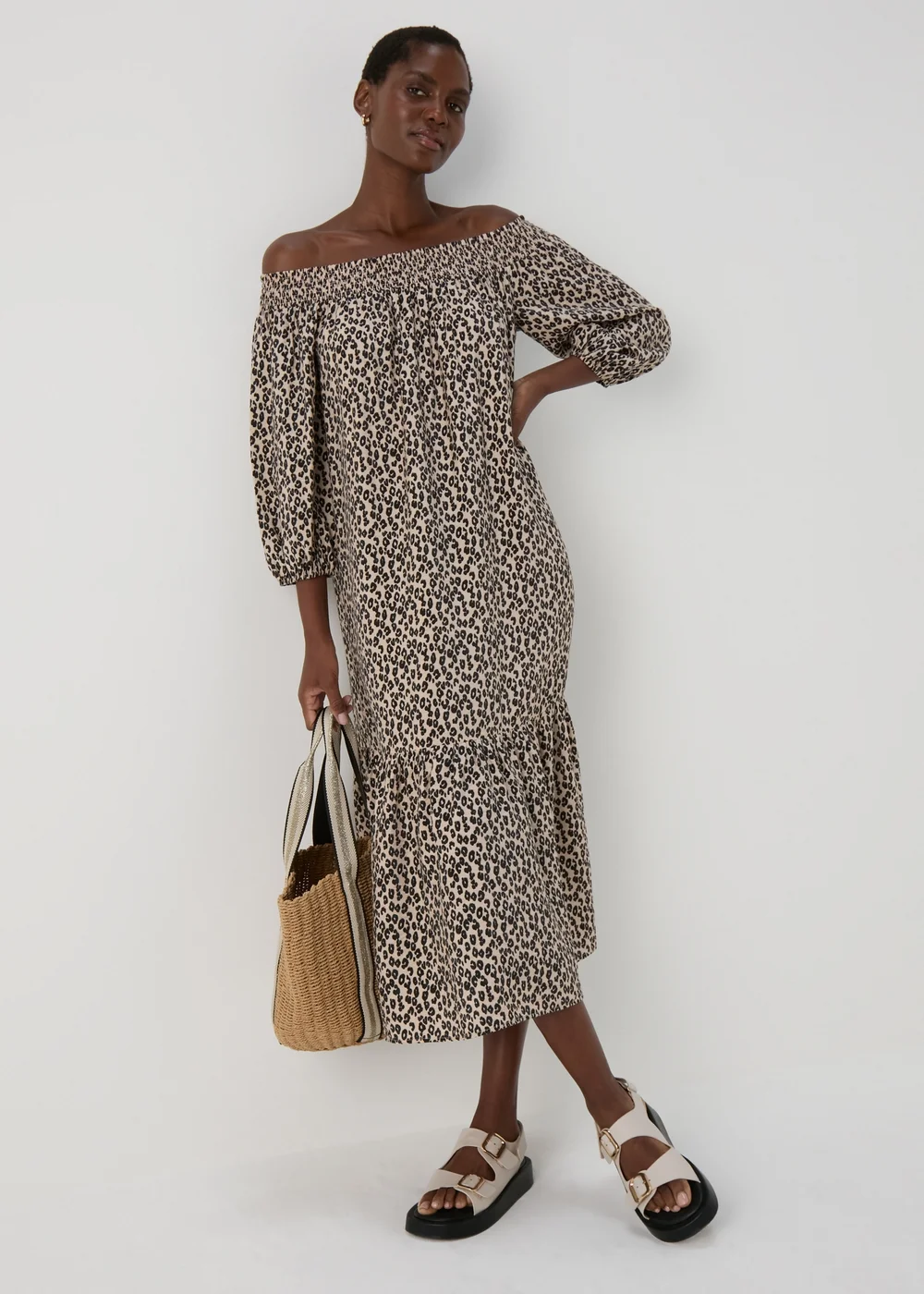 Brown Leopard Print Bardot Dress - 8 Image 1