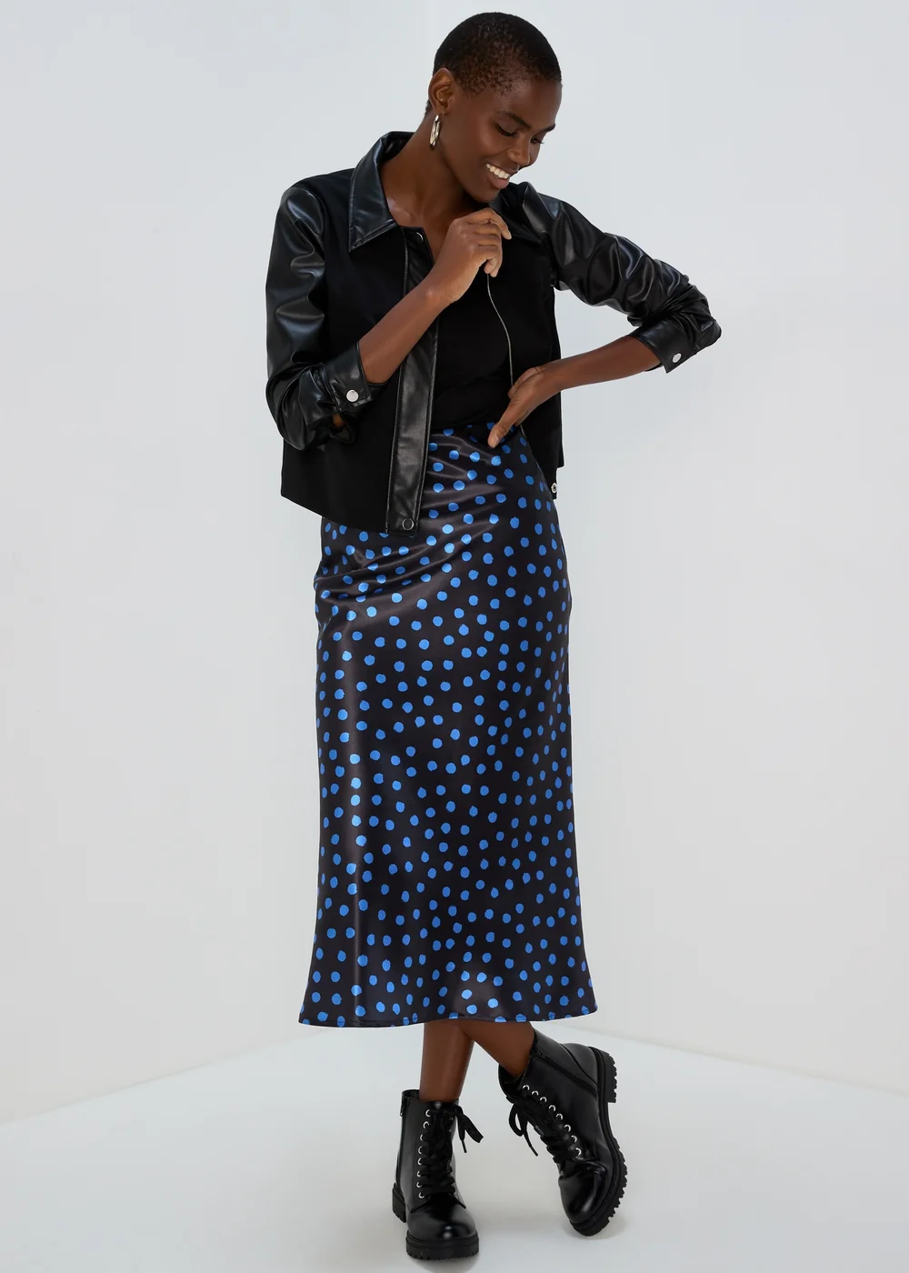 Blue Spot Satin Midi Skirt - 8 Image 1