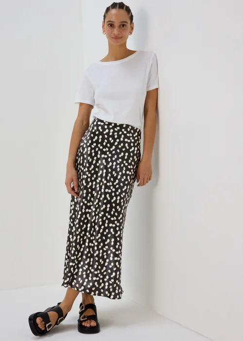 Black Daisy Print Satin Midi Skirt - 8 Image 1