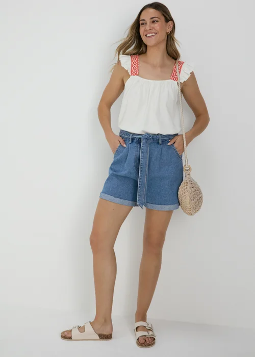 Cream & Coral Strap Embroidered Vest - Size 8 Image 1