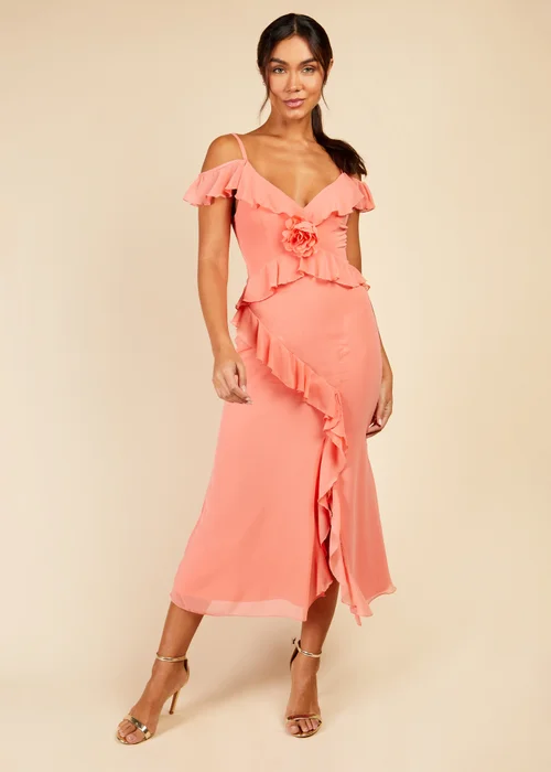 Little Mistress Coral Chiffon Rosette Trim Dress - 10 Image 1