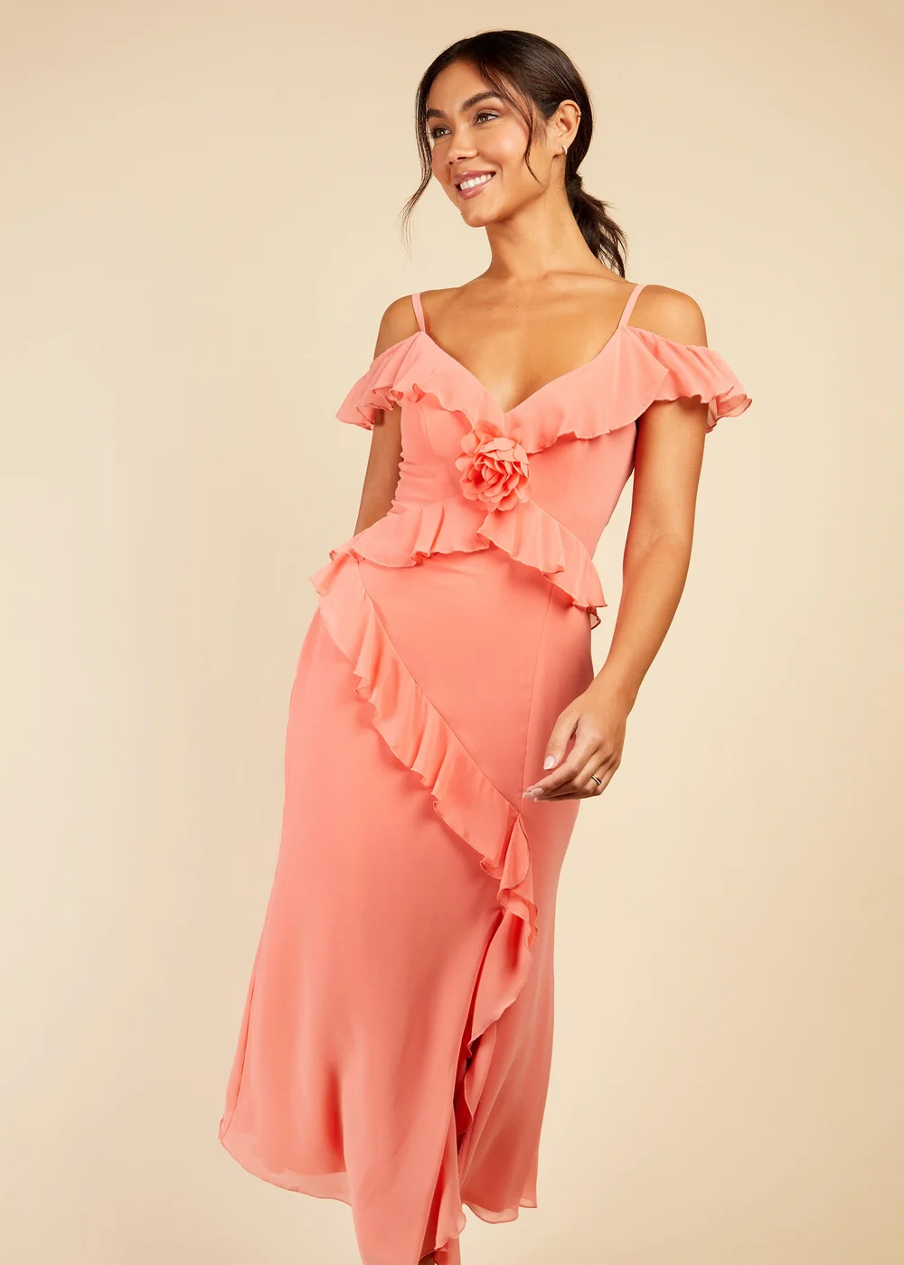 Little Mistress Coral Chiffon Rosette Trim Dress - 10 Image 4