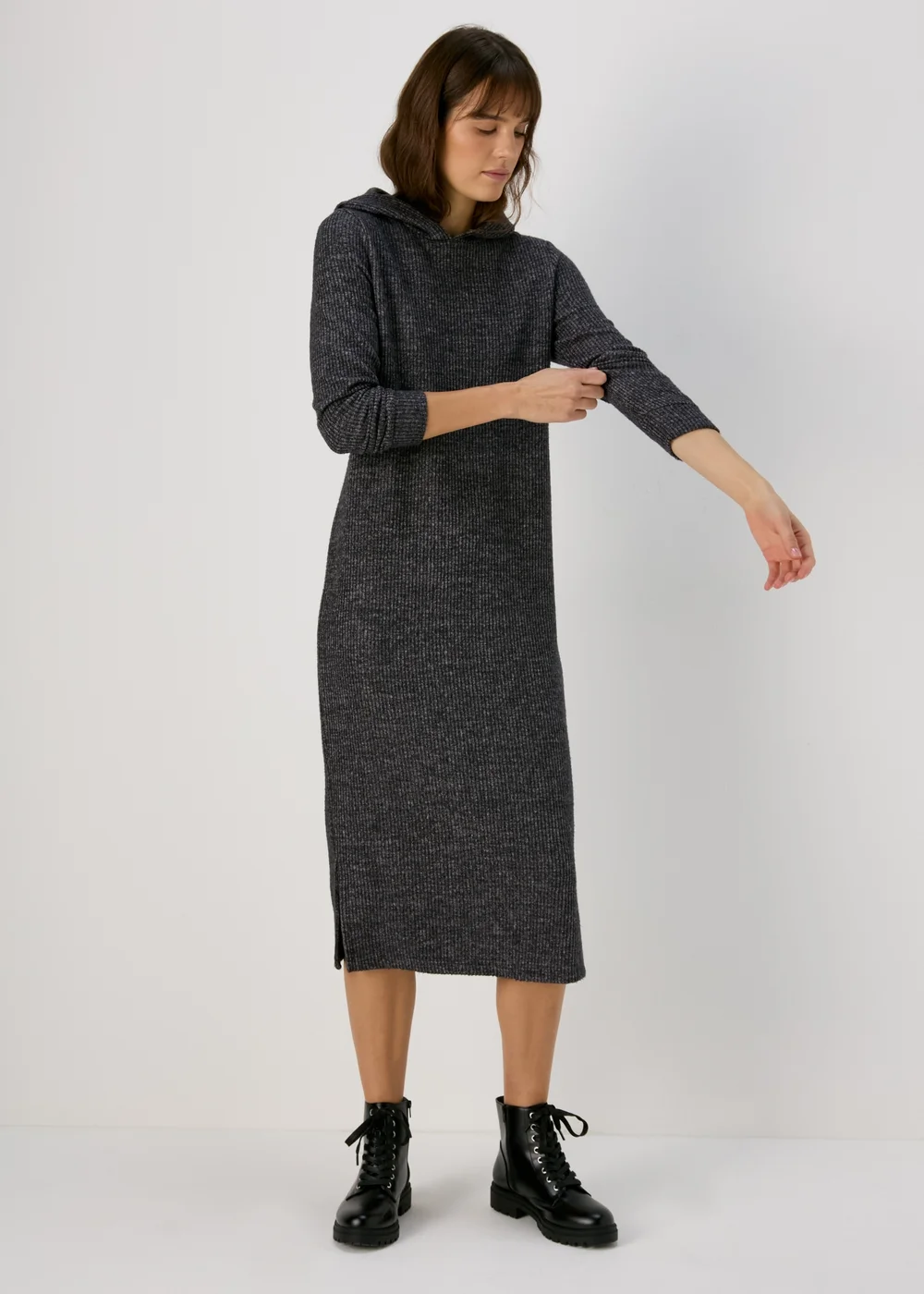 Grey Hooded Ribbed Dress - S Image 4