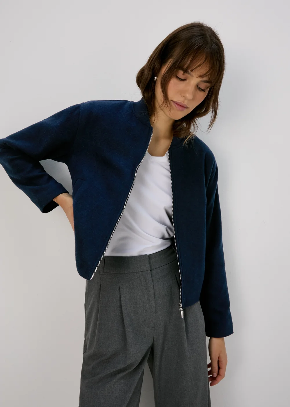 Navy Wool Look Bomber Jacket - 8 Image 1