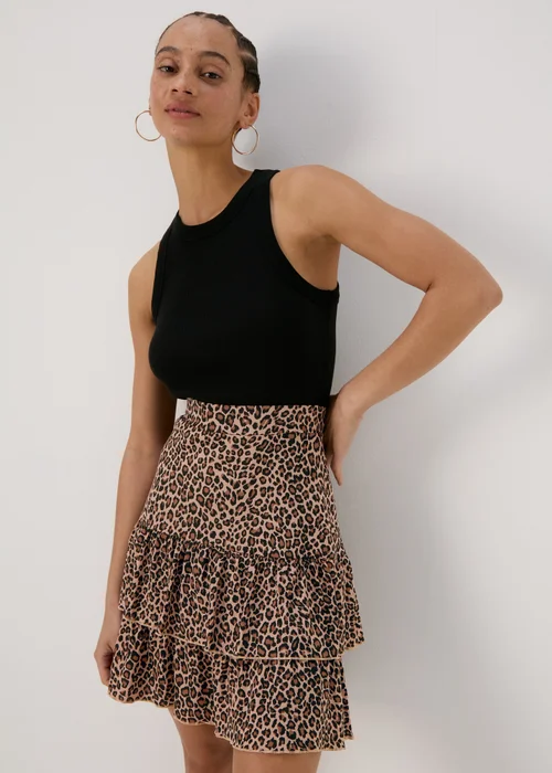 Papaya Brown Animal Print Tiered Jersey Mini Skirt - Size 8 Image 1