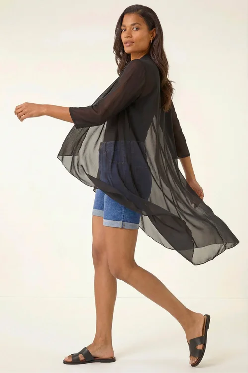 Roman Black 3/4 Sleeve Mesh Longline Kimono - 10 Image 1