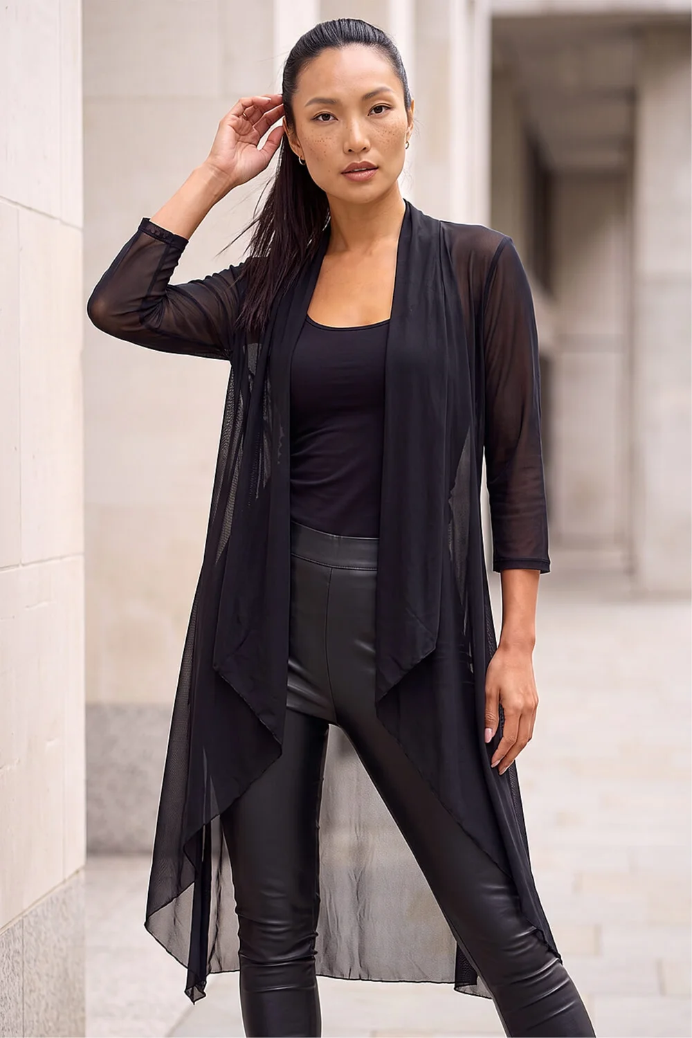 Roman Black 3/4 Sleeve Mesh Longline Kimono - 10 Image 1