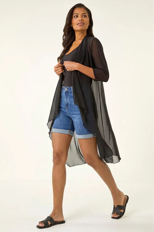 Roman Black 3/4 Sleeve Mesh Longline Kimono - 10 Image 2
