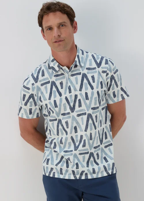 Blue & White Aztec Print Polo Shirt - S Image 1