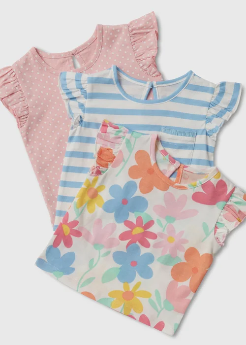 Baby 3 Pack Pink Blue & Cream Floral T-Shirts (Newborn-23mths) - Newborn Image 2