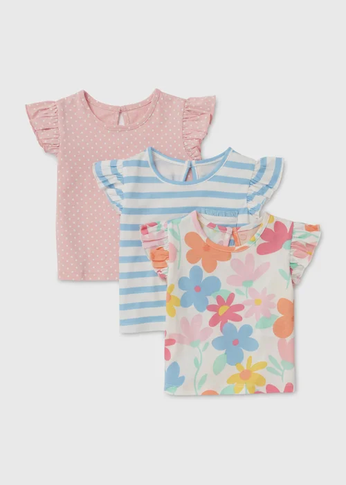 Baby 3 Pack Pink Blue & Cream Floral T-Shirts (Newborn-23mths) - Newborn Image 1