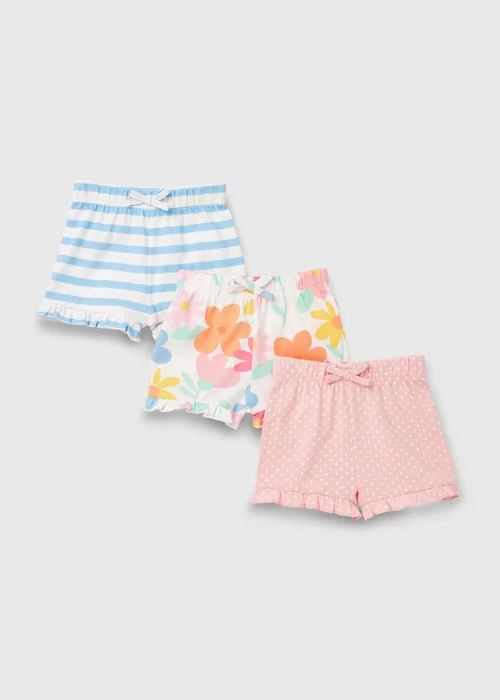 Baby 3 Pack Pink Blue & Cream Floral Shorts (Newborn-23mths) - 9-12 months Image 1