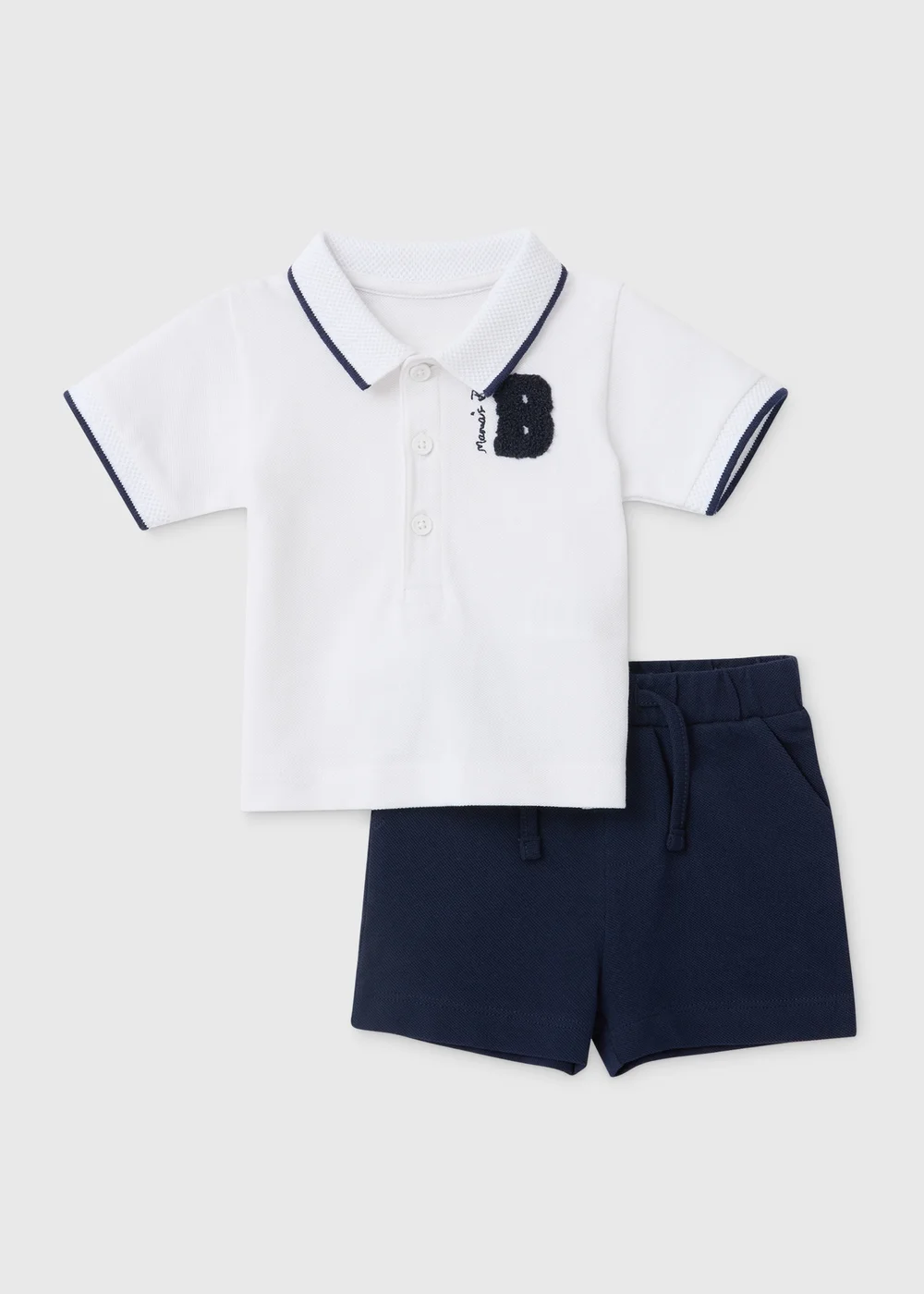 Baby White & Navy Boucle Badge Polo Shirt & Shorts Set (Newborn-23mths) - Age 0 - 3 Months Image 1