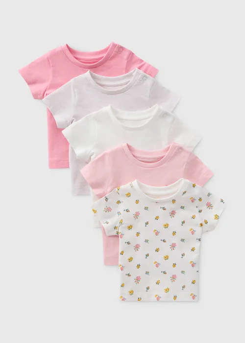 Baby 5 Pack Pink Floral T-Shirts (Newborn-23mths) - 0-3 months Image 1