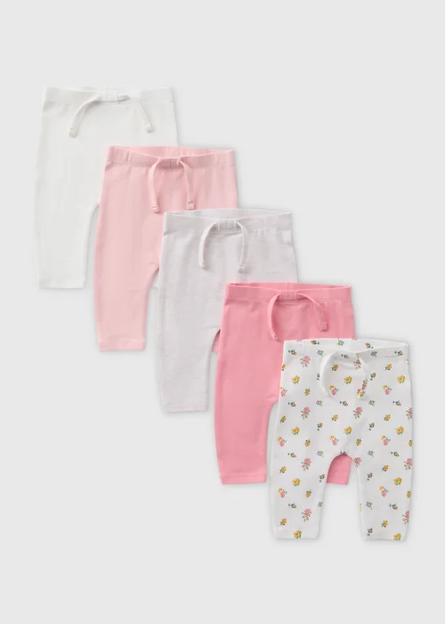 Baby 5 Pack Pink Floral Leggings (Newborn-23mths) - 9-12 months Image 1