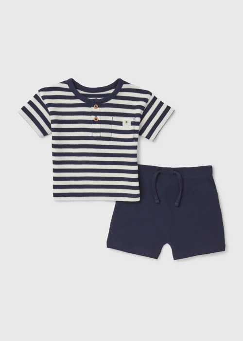 Baby Navy Waffle Henley Set (Newborn-23mths) - 0-3 months Image 1