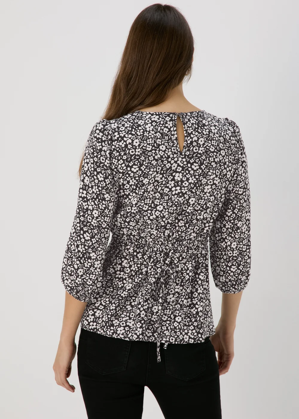 Black Mono Floral Print Empire Seam Top - Size 8 Image 2