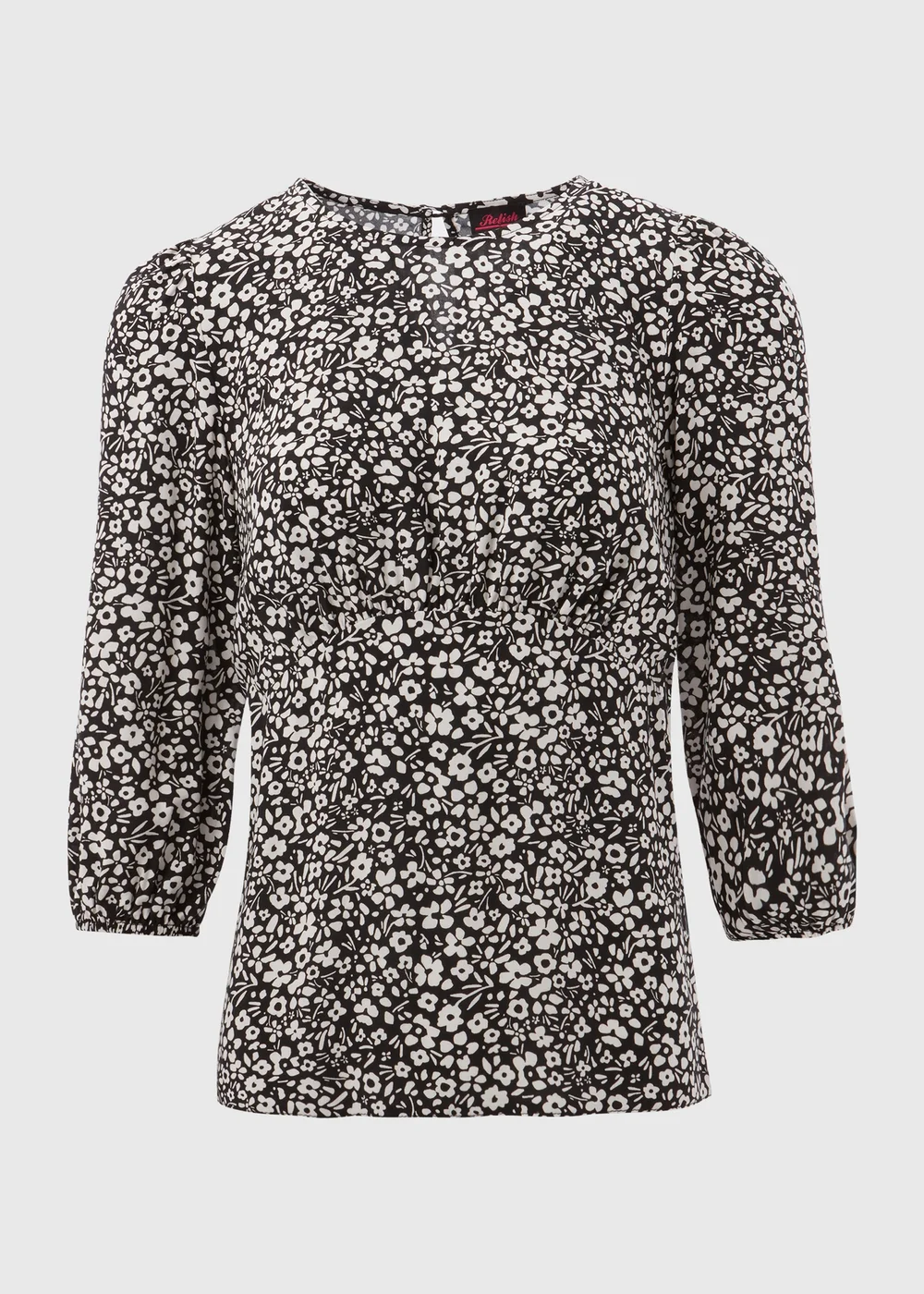 Black Mono Floral Print Empire Seam Top - Size 8 Image 5