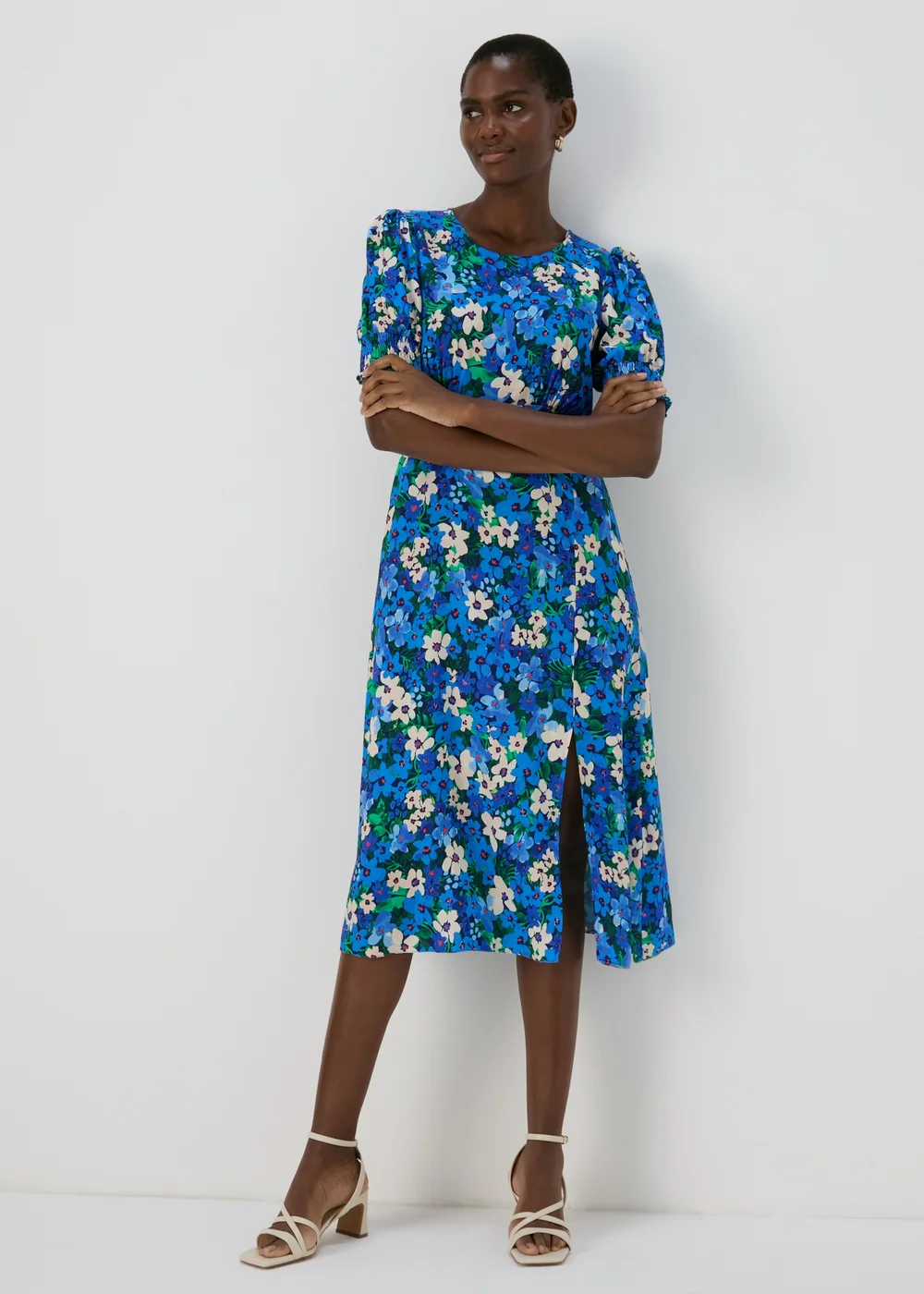 Blue Floral Empire Seam Midi Dress - 8 Image 1