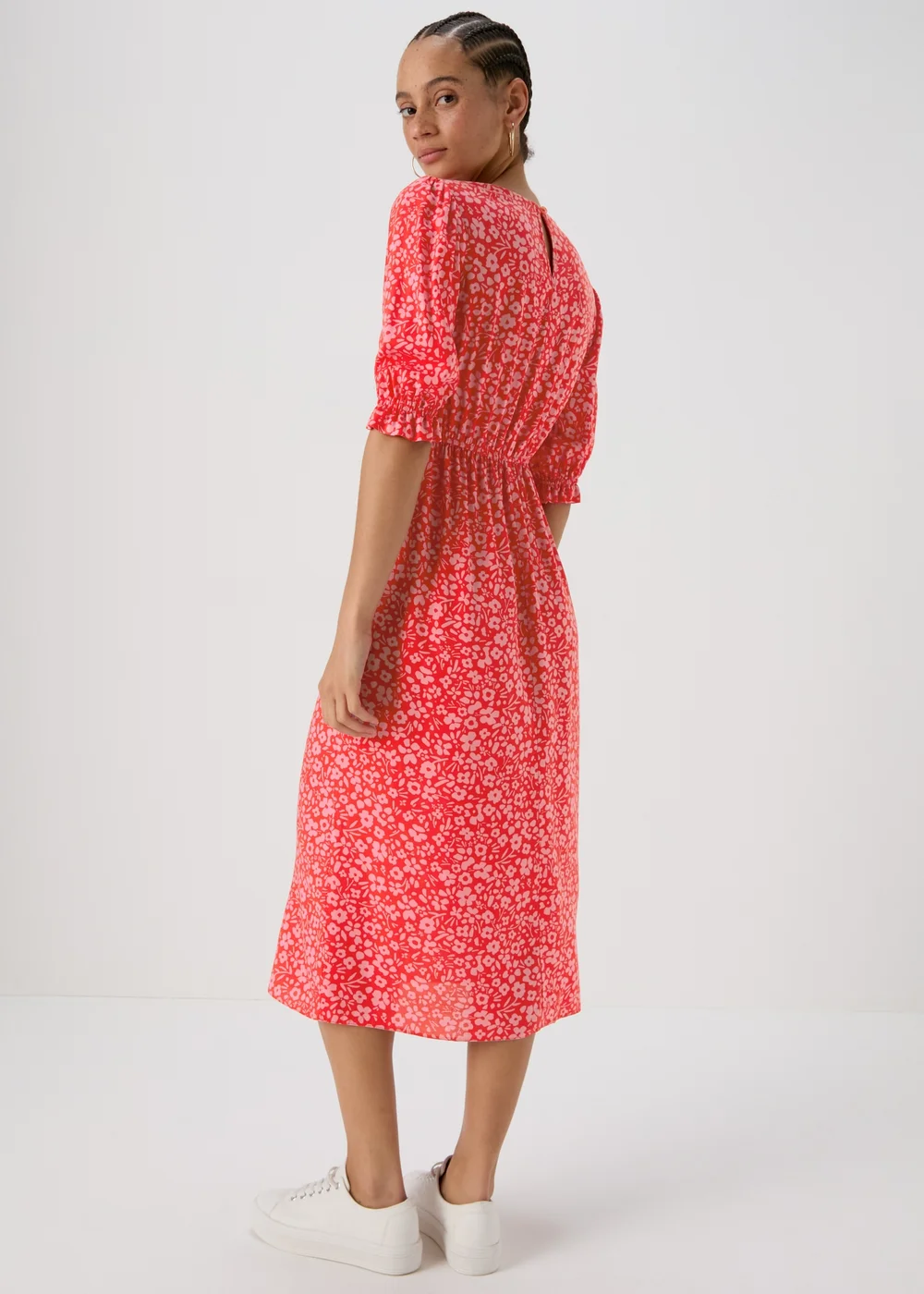 Pink Frill Waist Floral Midi Dress - 8 Image 2