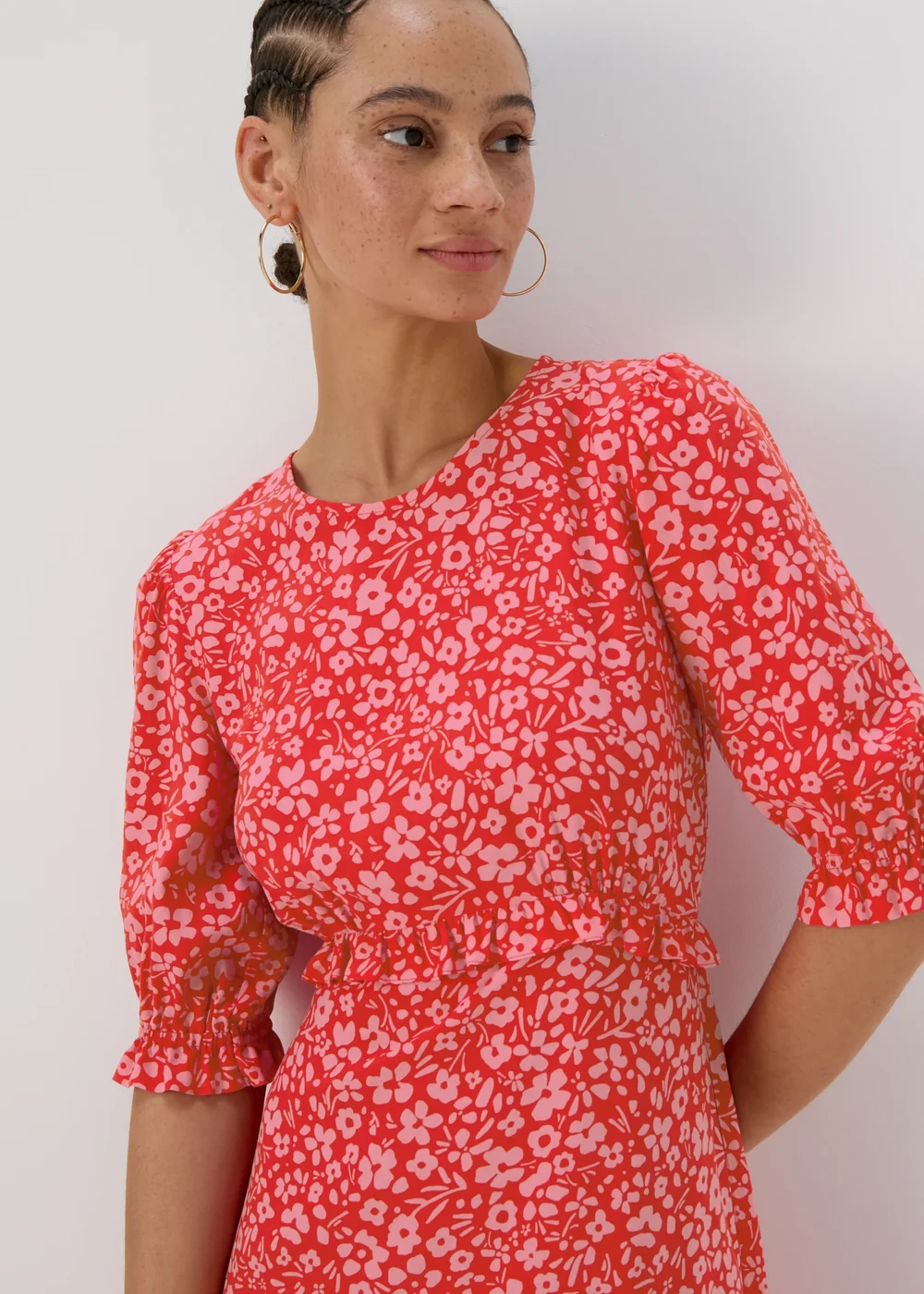 Pink Frill Waist Floral Midi Dress - 8 Image 3