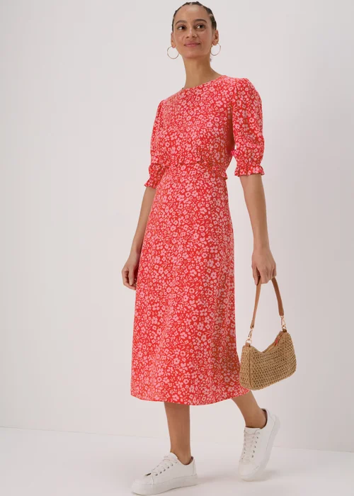 Pink Frill Waist Floral Midi Dress - 8 Image 1