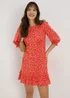 Red Floral Frill Cuff Mini Dress - 8 Image 1