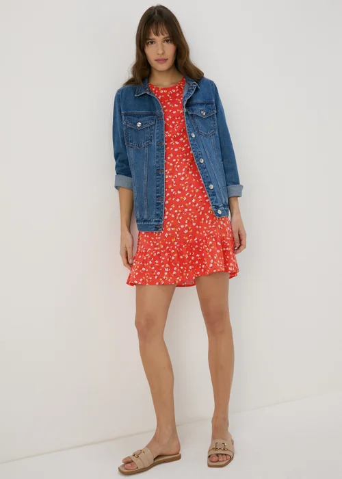 Red Floral Frill Cuff Mini Dress - 8 Image 4