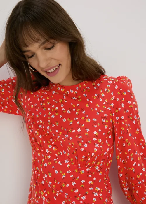 Red Floral Frill Cuff Mini Dress - 8 Image 3