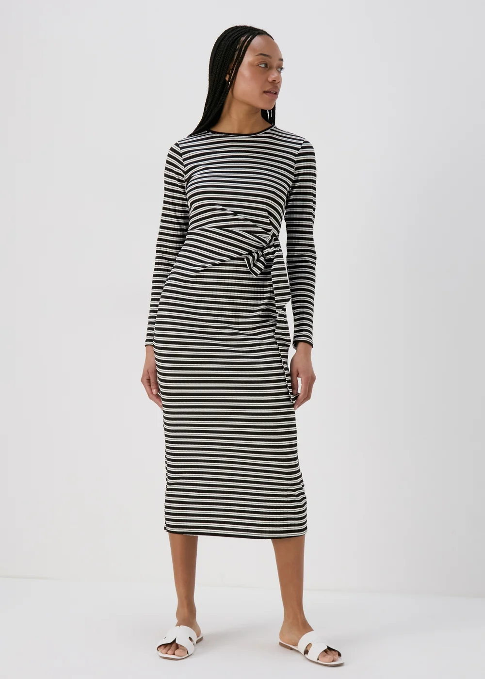 Black Stripe Tie Side Ribbed Midi Dress - 8 Image 3