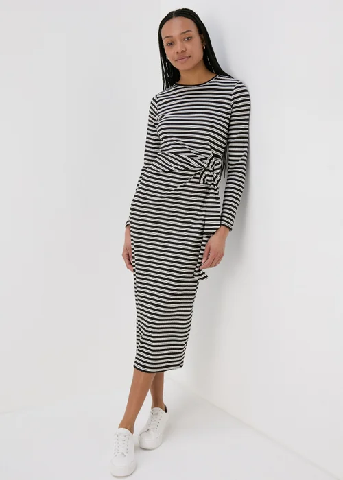 Black Stripe Tie Side Ribbed Midi Dress - 8 Image 4