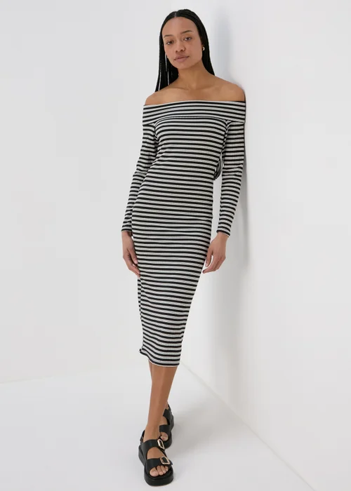 Black Stripe Ribbed Bardot Dress - 8 Image 1