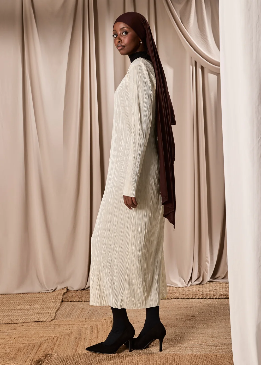 Cream Plisse Column Dress - 8 Image 1