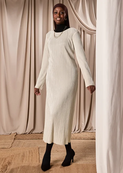 Cream Plisse Column Dress - 8 Image 3