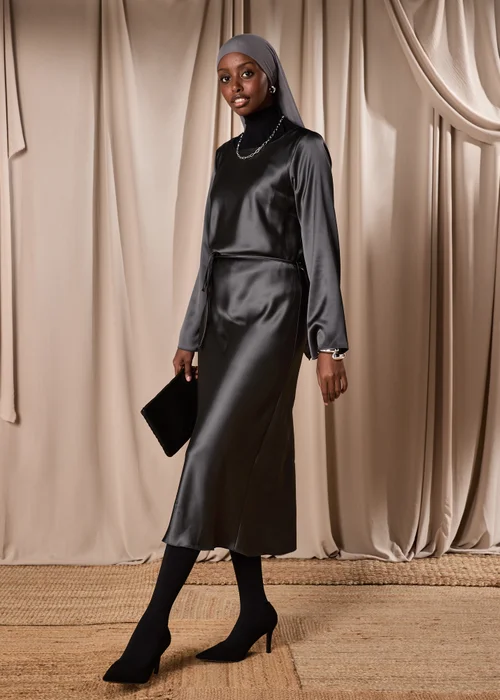 Grey Satin Belted Midi Dress - 8 Image 1