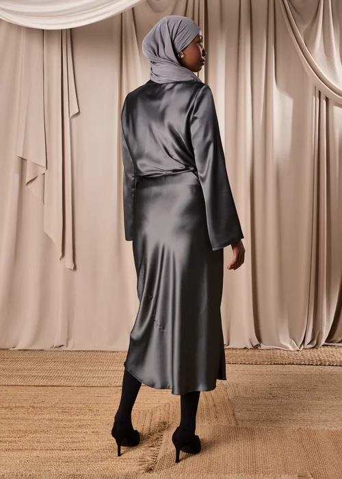 Grey Satin Belted Midi Dress - 8 Image 2