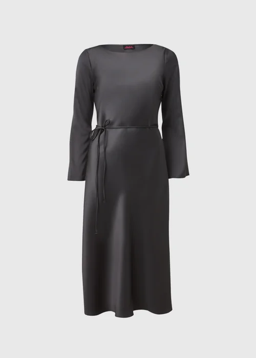 Grey Satin Belted Midi Dress - 8 Image 5