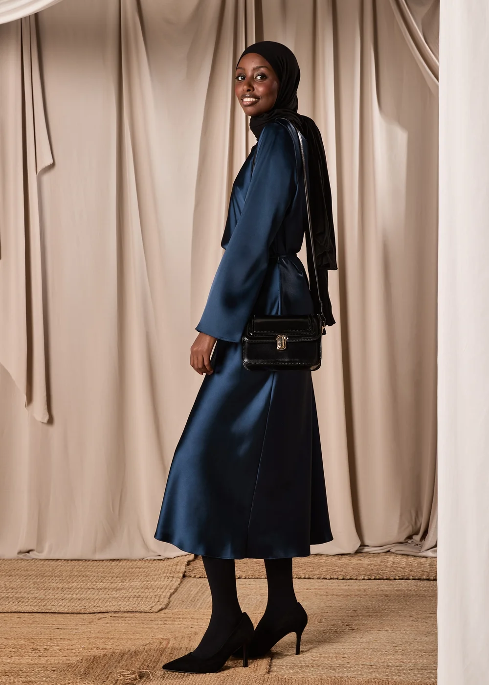 Navy Satin Belted Midi Dress - 8 Image 1