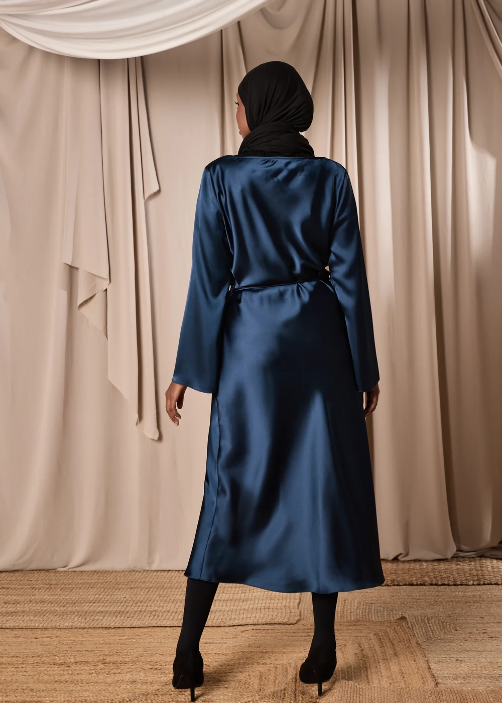 Navy Satin Belted Midi Dress - 8 Image 2