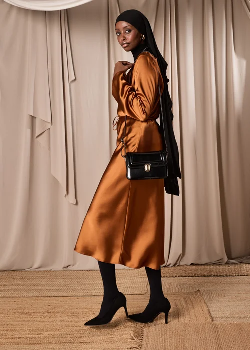 Rust Satin Belted Midi Dress - 8 Image 4