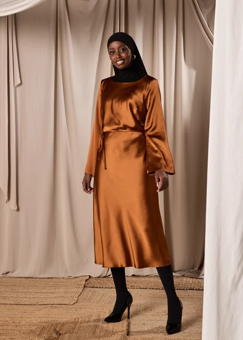 Rust Satin Belted Midi Dress - 8 Image 1
